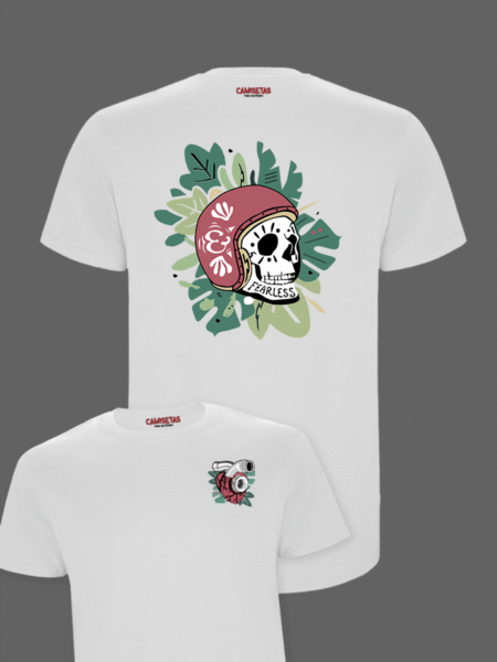 Camiseta blanca Calavera tropical motor diseño pecho y detrás