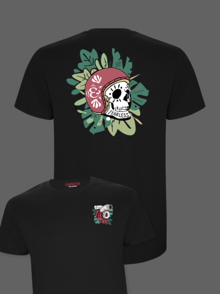 Camiseta negra Calavera tropical motor diseño pecho y detrás